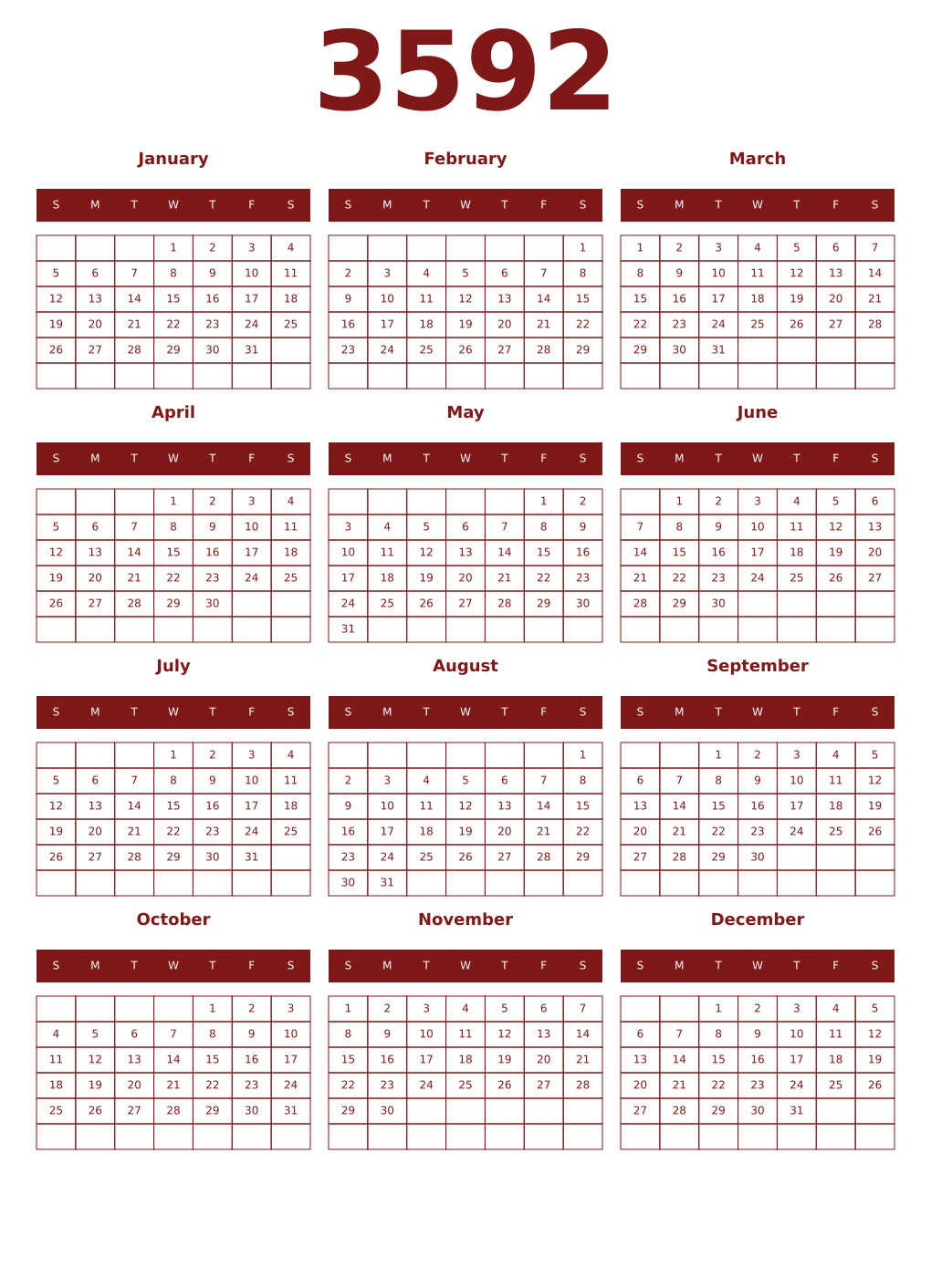Printable 3592 Year Calendars falu