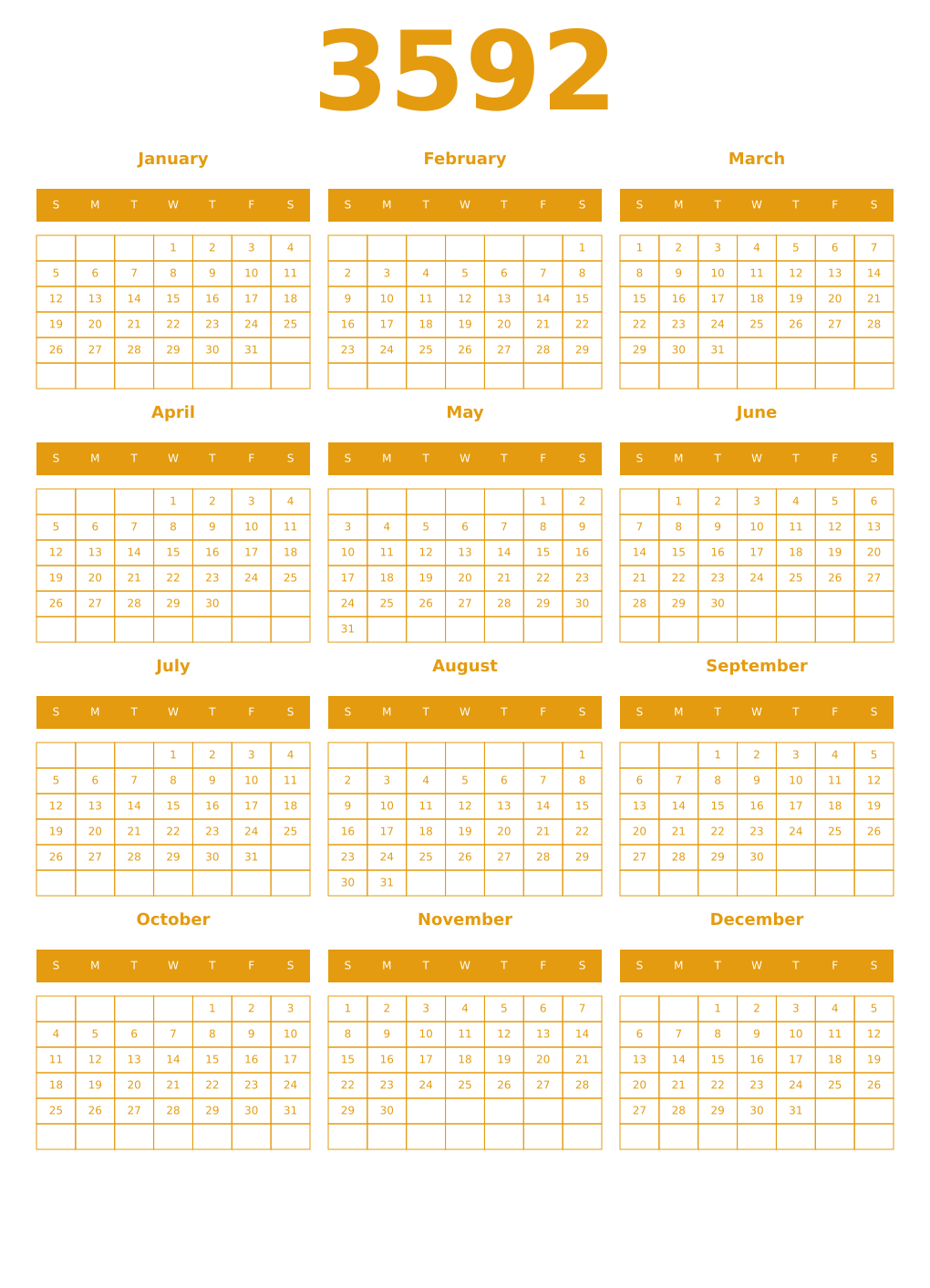 Printable 3592 Year Calendars gamboge