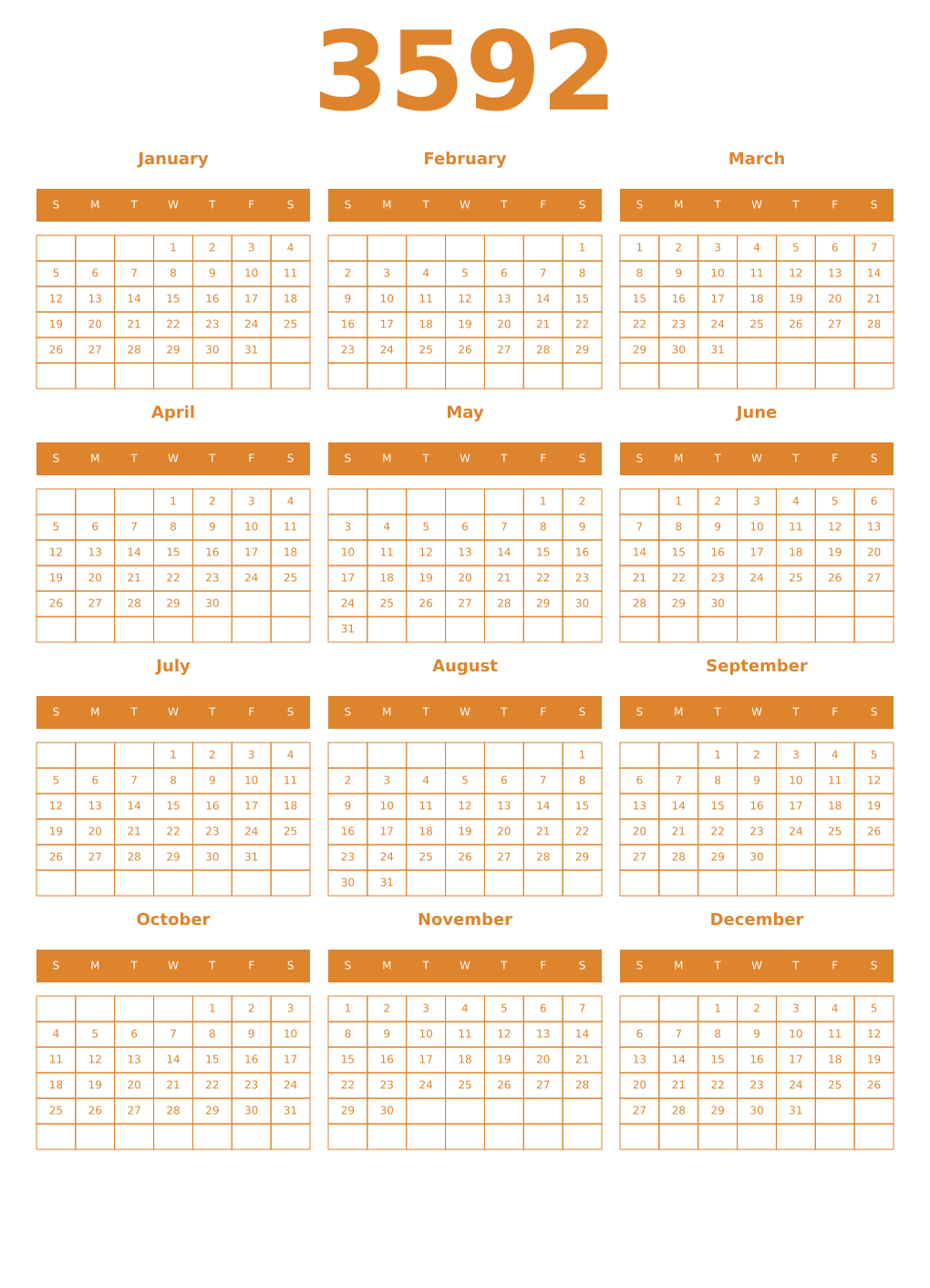 Printable 3592 Year Calendars orange