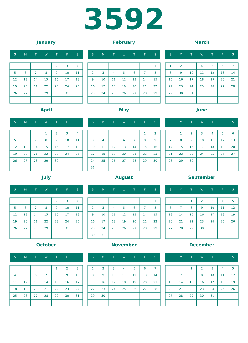 Printable 3592 Year Calendars pastel