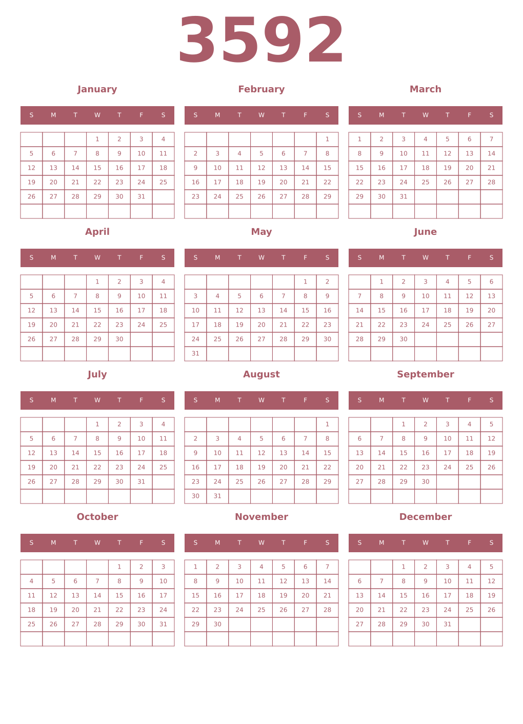 Printable 3592 Year Calendars puce