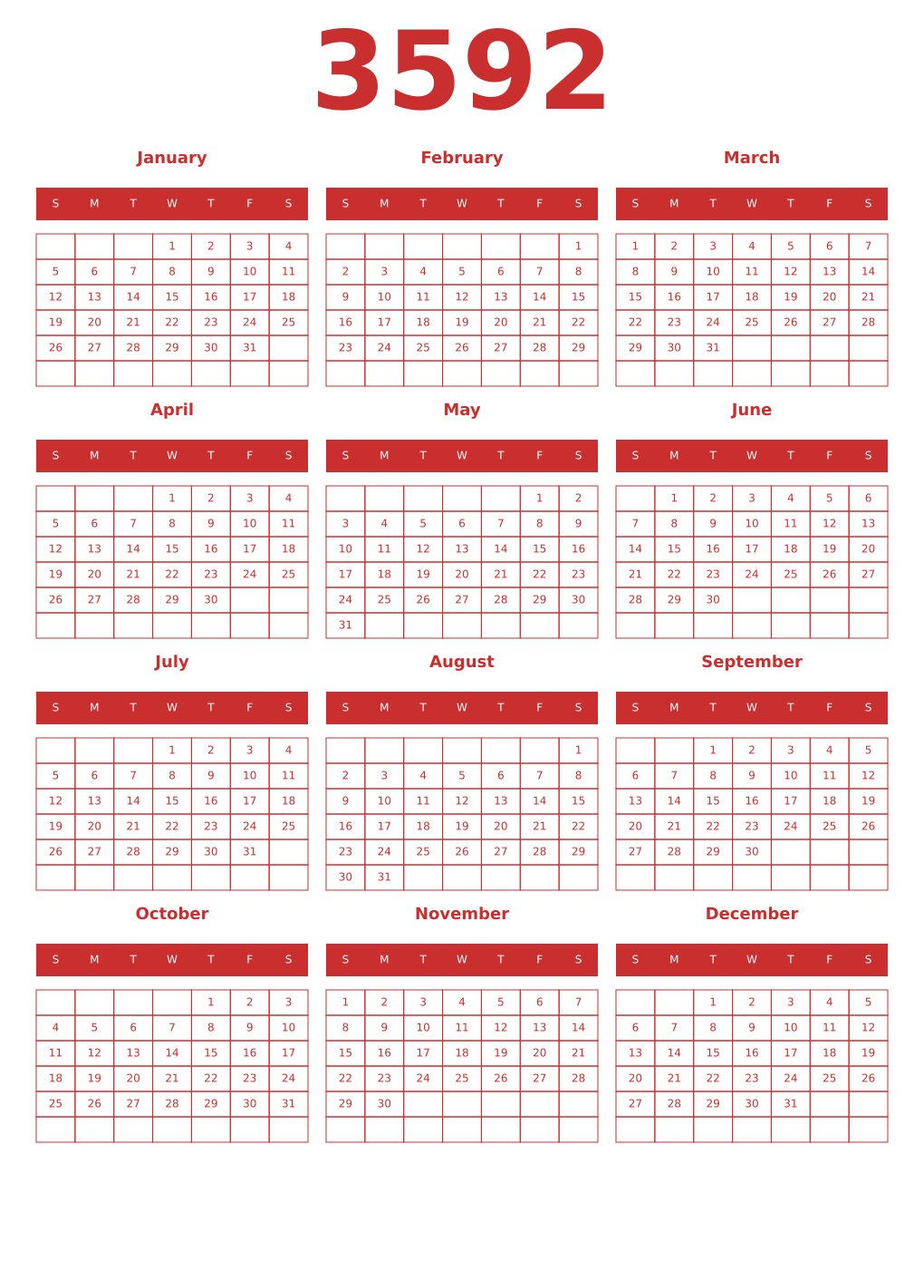 Printable 3592 Year Calendars red