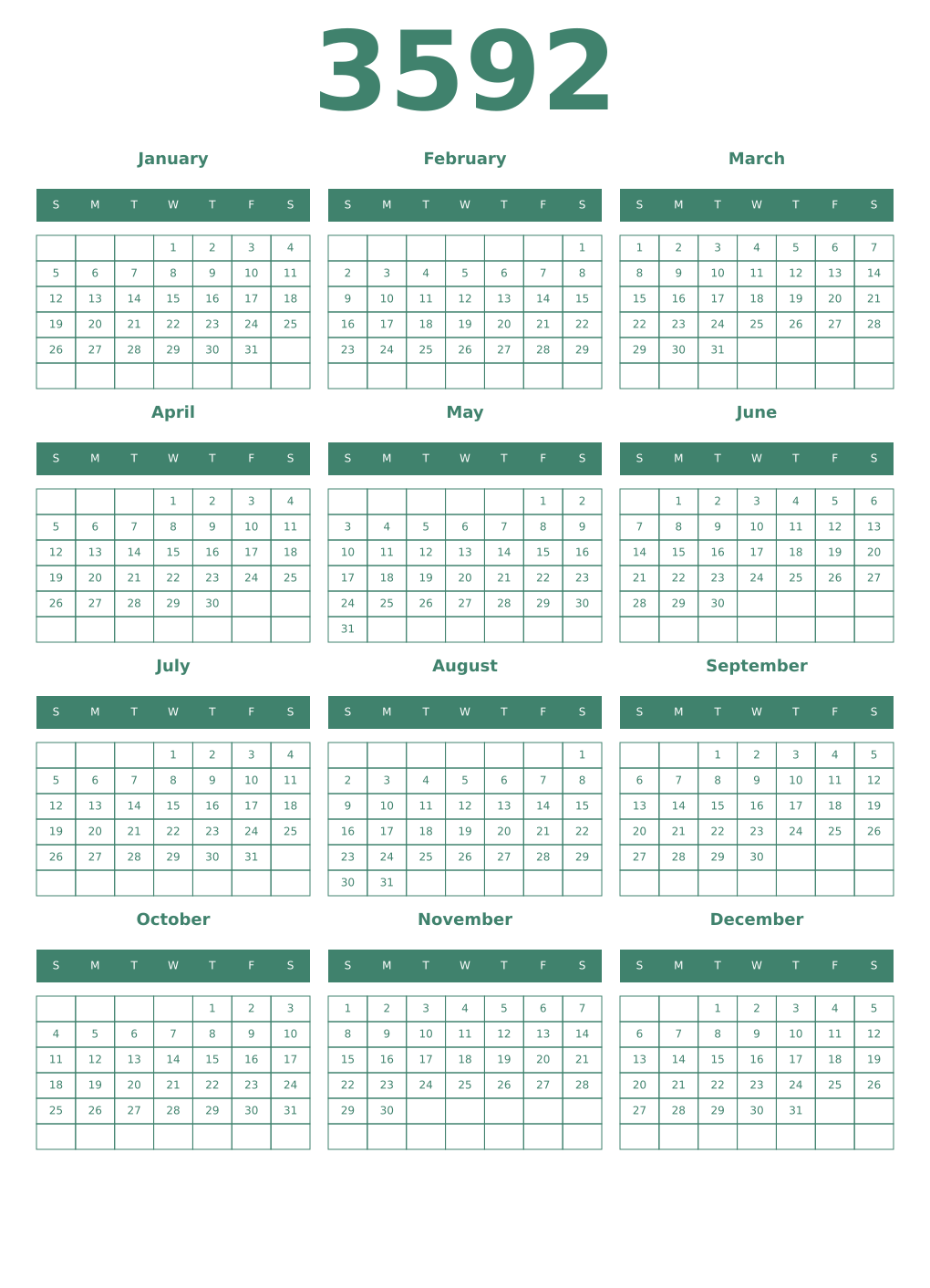 Printable 3592 Year Calendars viridian