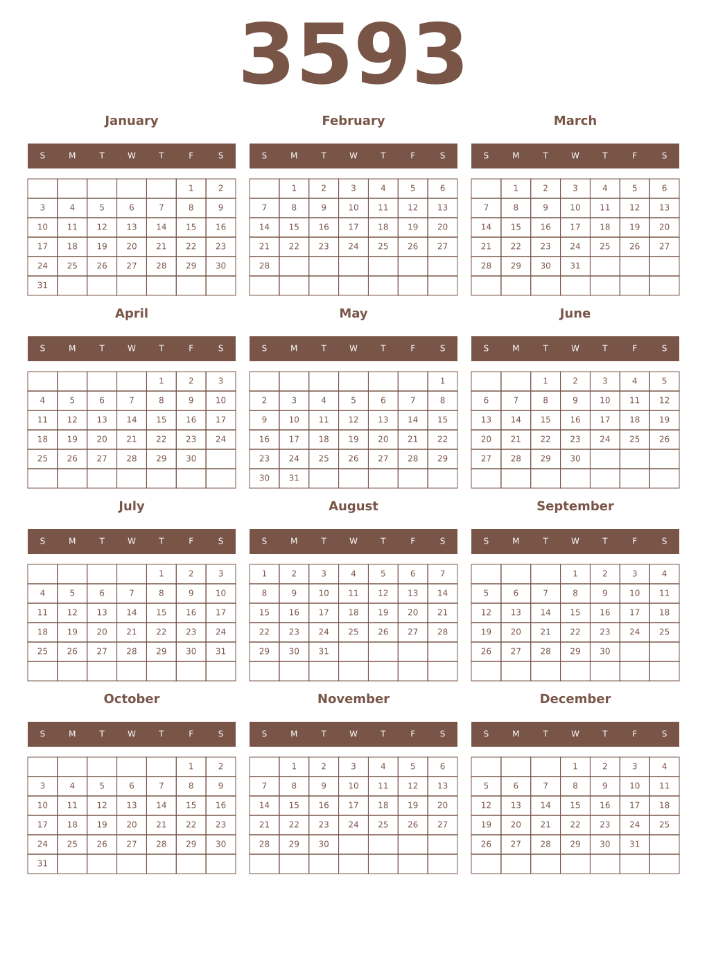 Printable 3593 Year Calendars coffe