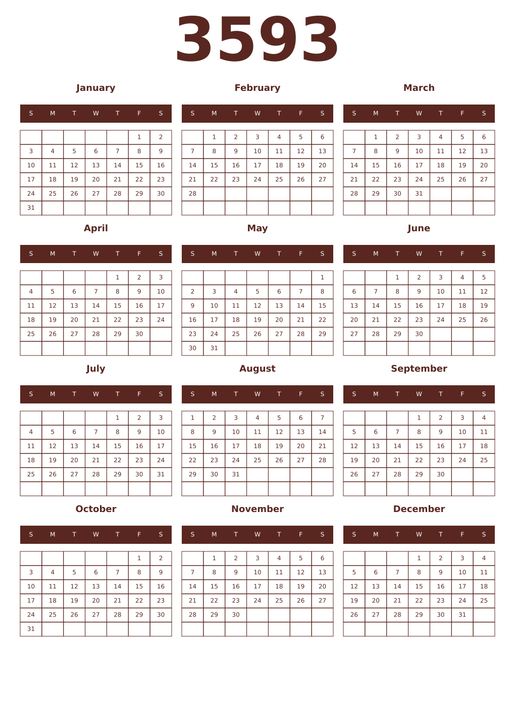 Printable 3593 Year Calendars mortuum