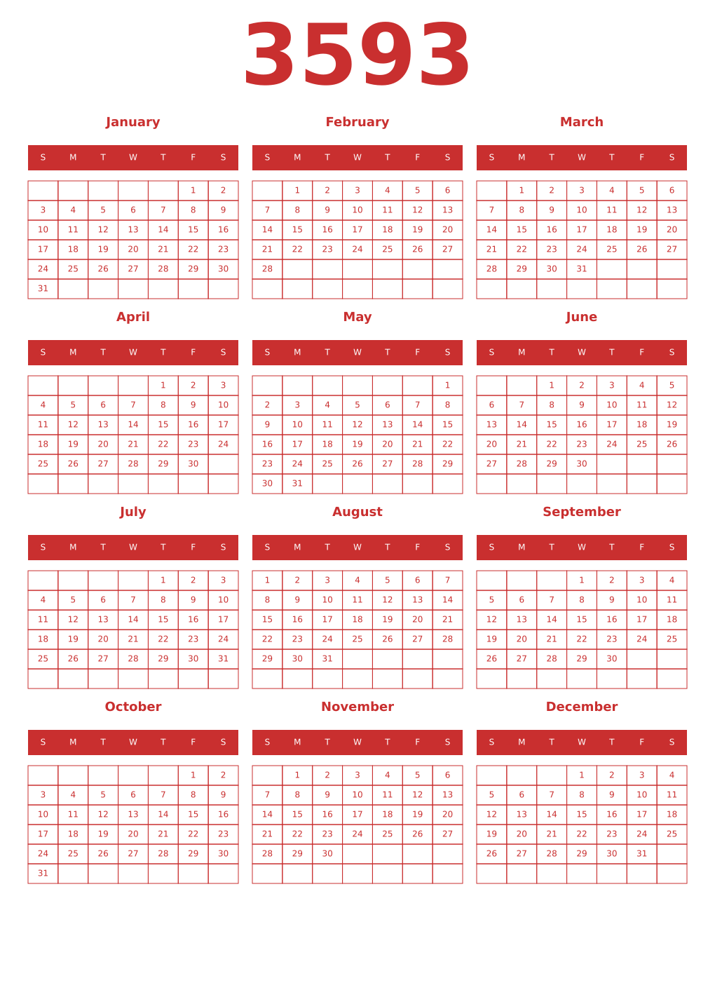 Printable 3593 Year Calendars red