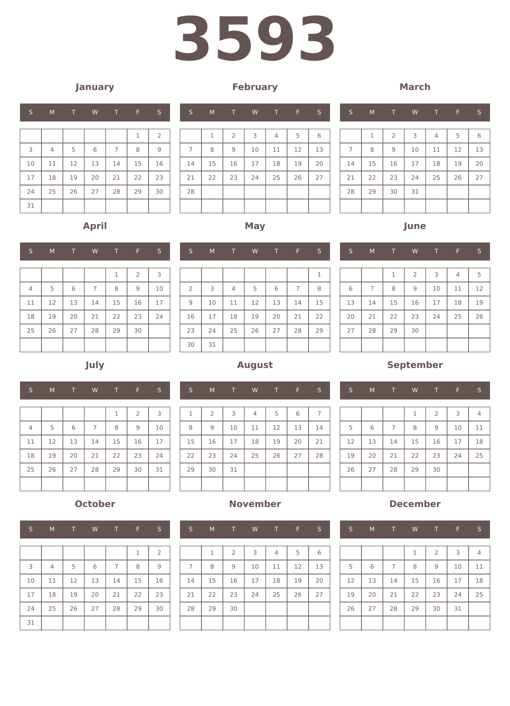 Printable 3593 Year Calendars wenge