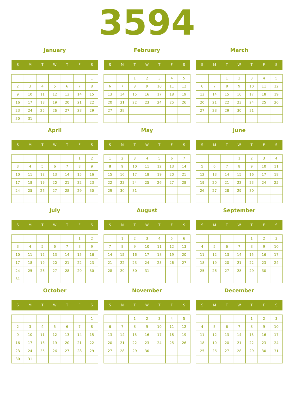 Printable 3594 Year Calendars chartreuse