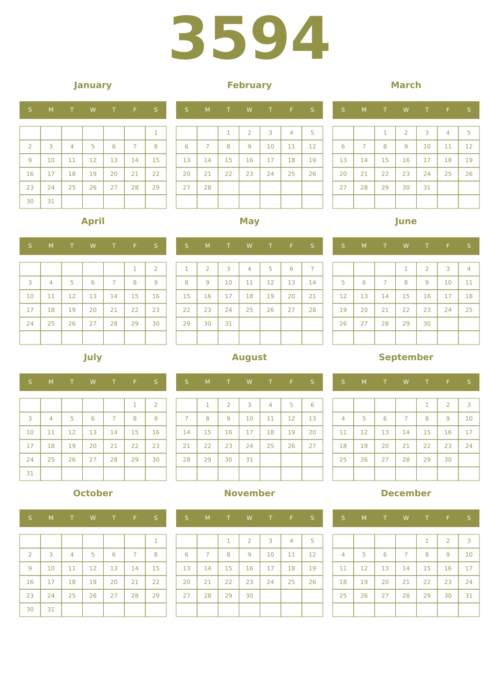 Printable 3594 Year Calendars eburnean