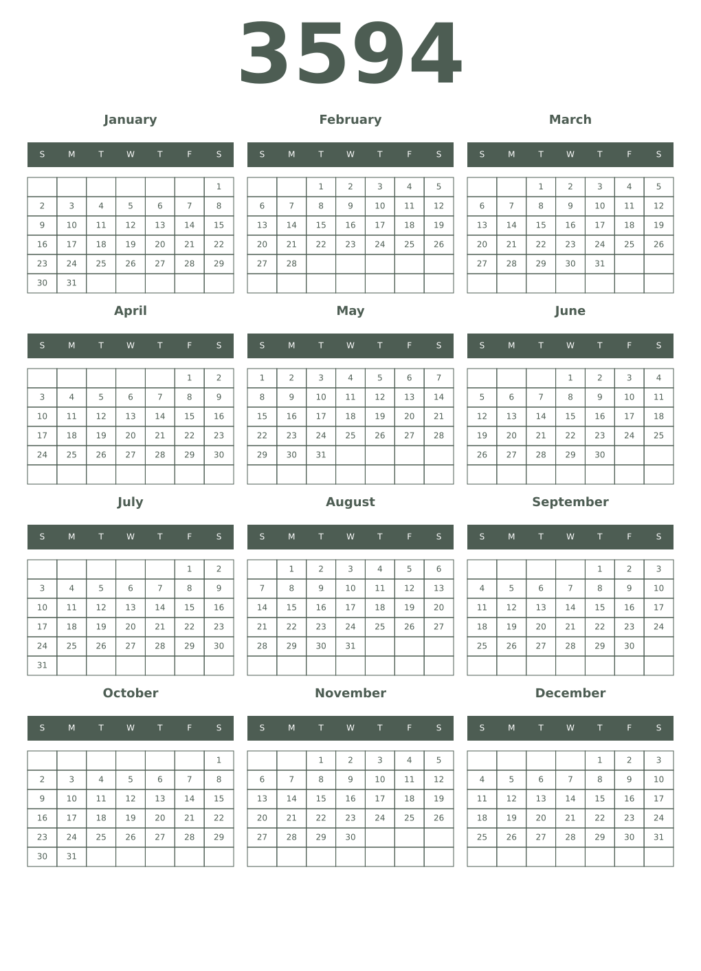 Printable 3594 Year Calendars feldgrau