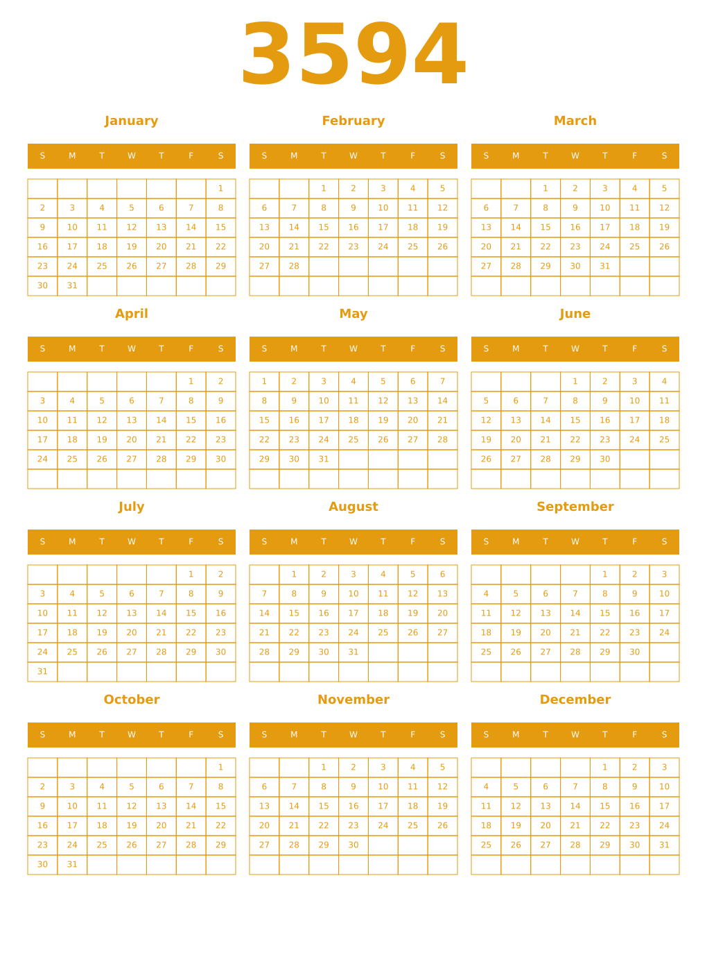 Printable 3594 Year Calendars gamboge