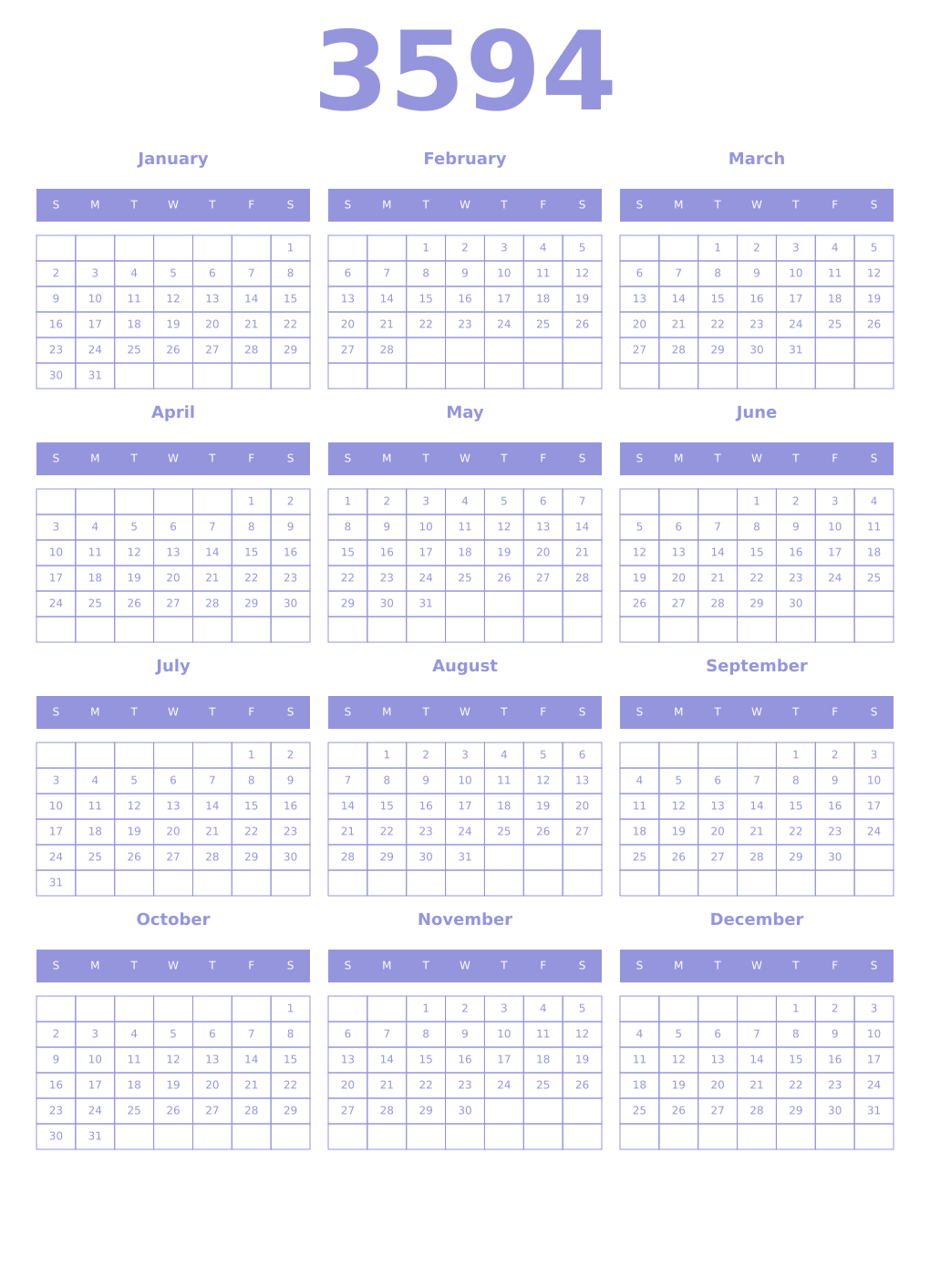 Printable 3594 Year Calendars periwinkle