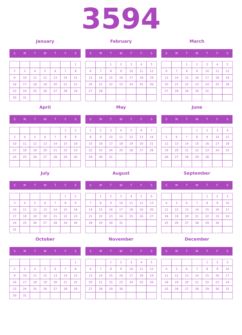 Printable 3594 Year Calendars purple
