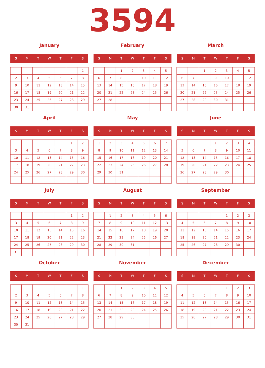 Printable 3594 Year Calendars red