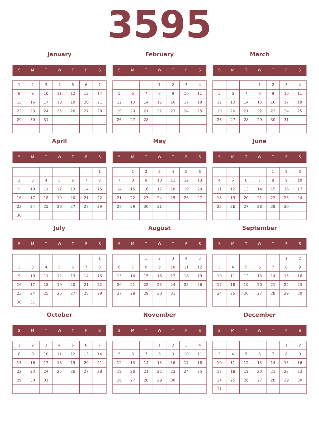 Printable 3595 Year Calendars cordovan