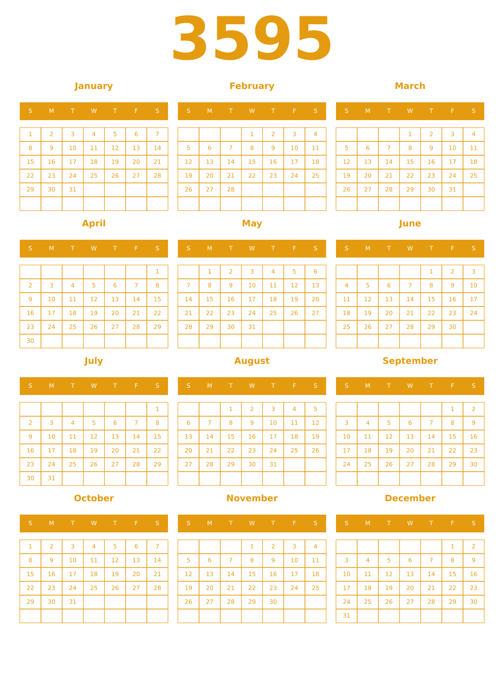 Printable 3595 Year Calendars gamboge