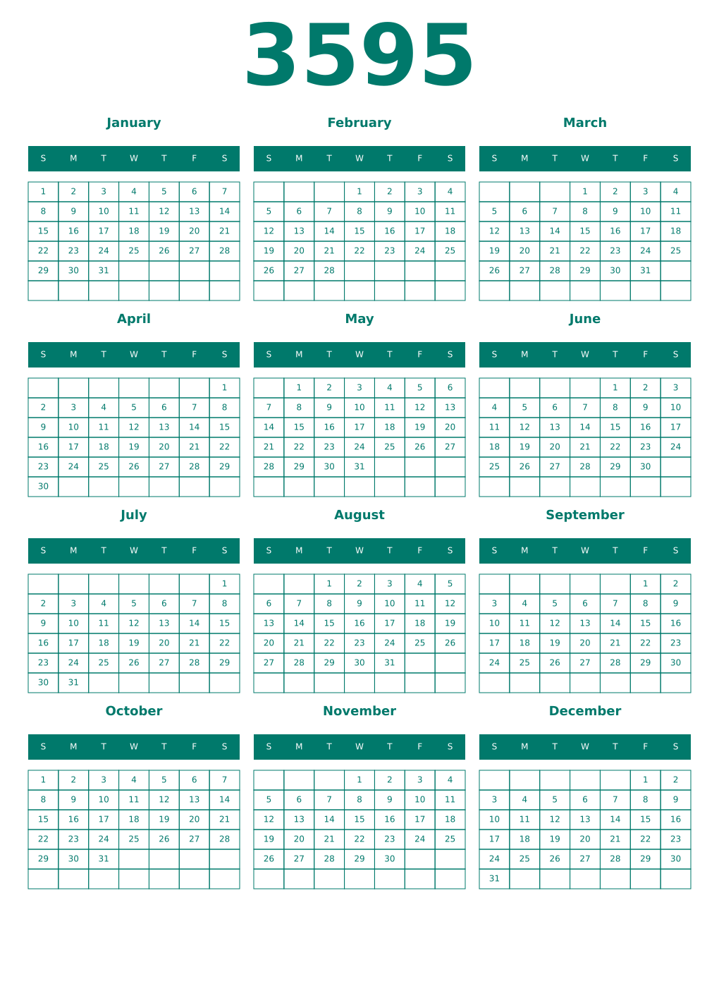 Printable 3595 Year Calendars pastel