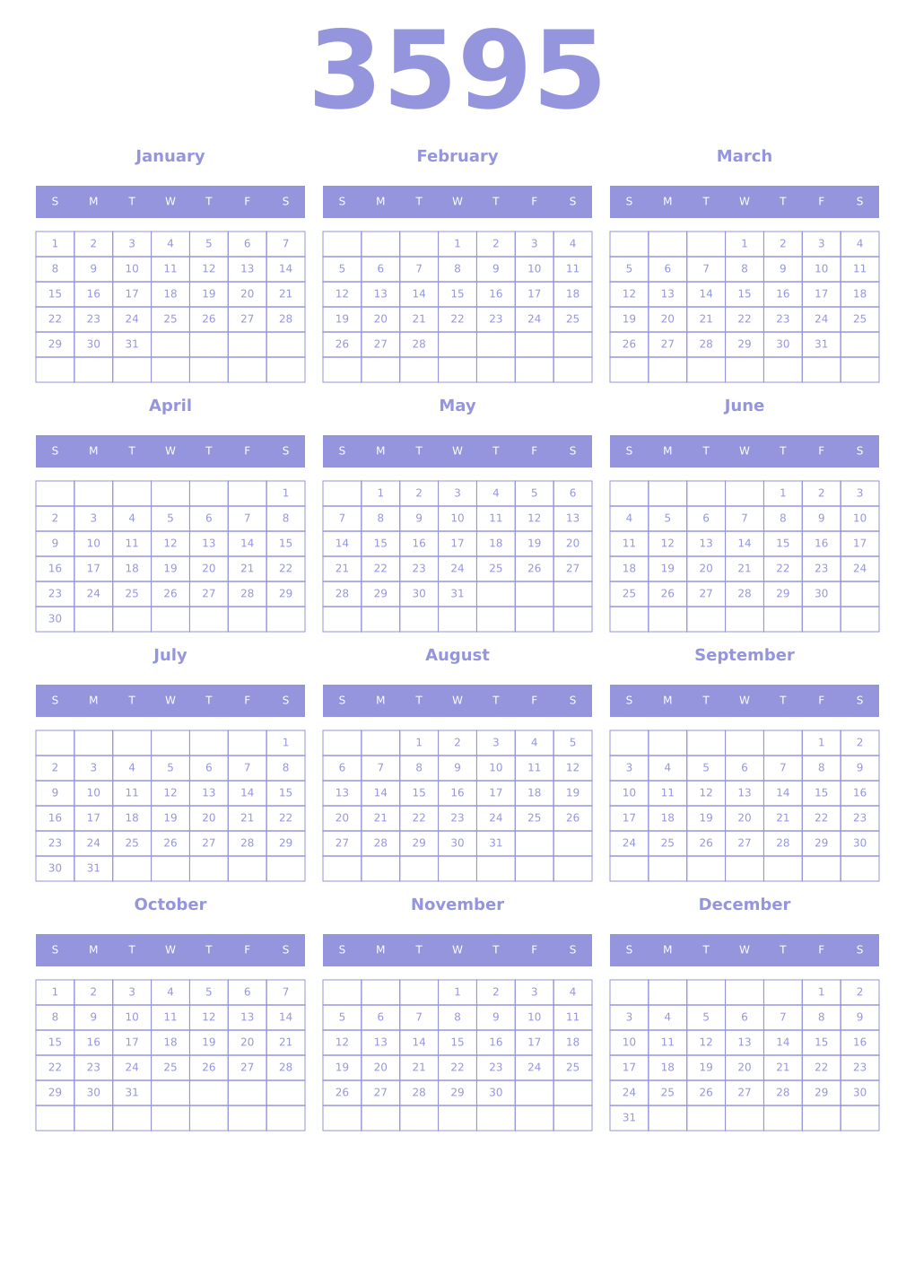 Printable 3595 Year Calendars periwinkle