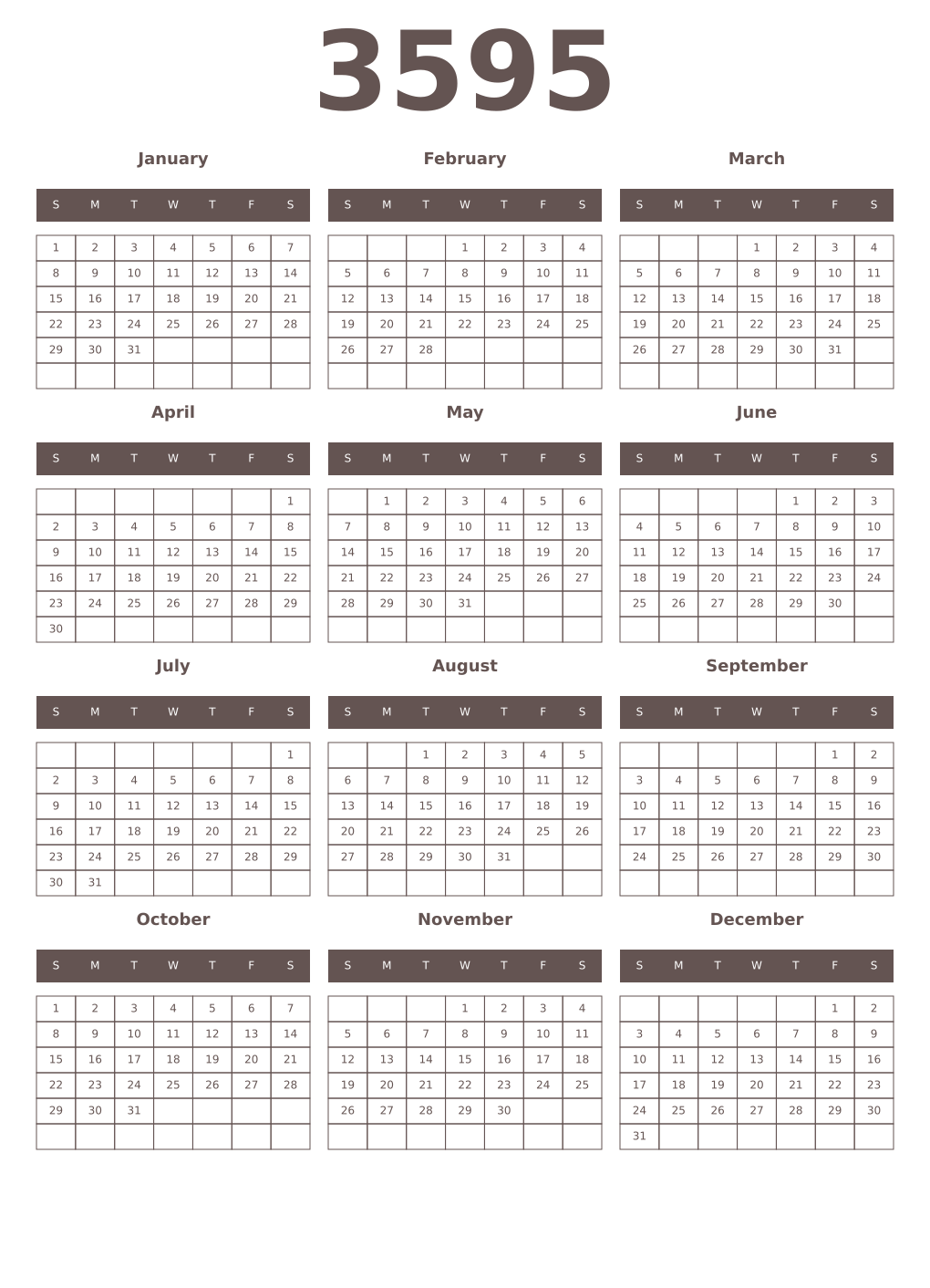 Printable 3595 Year Calendars wenge