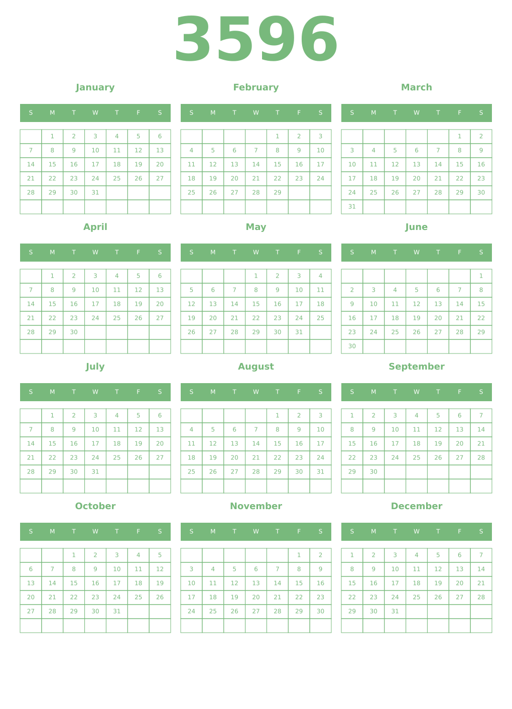 Printable 3596 Year Calendars celadon