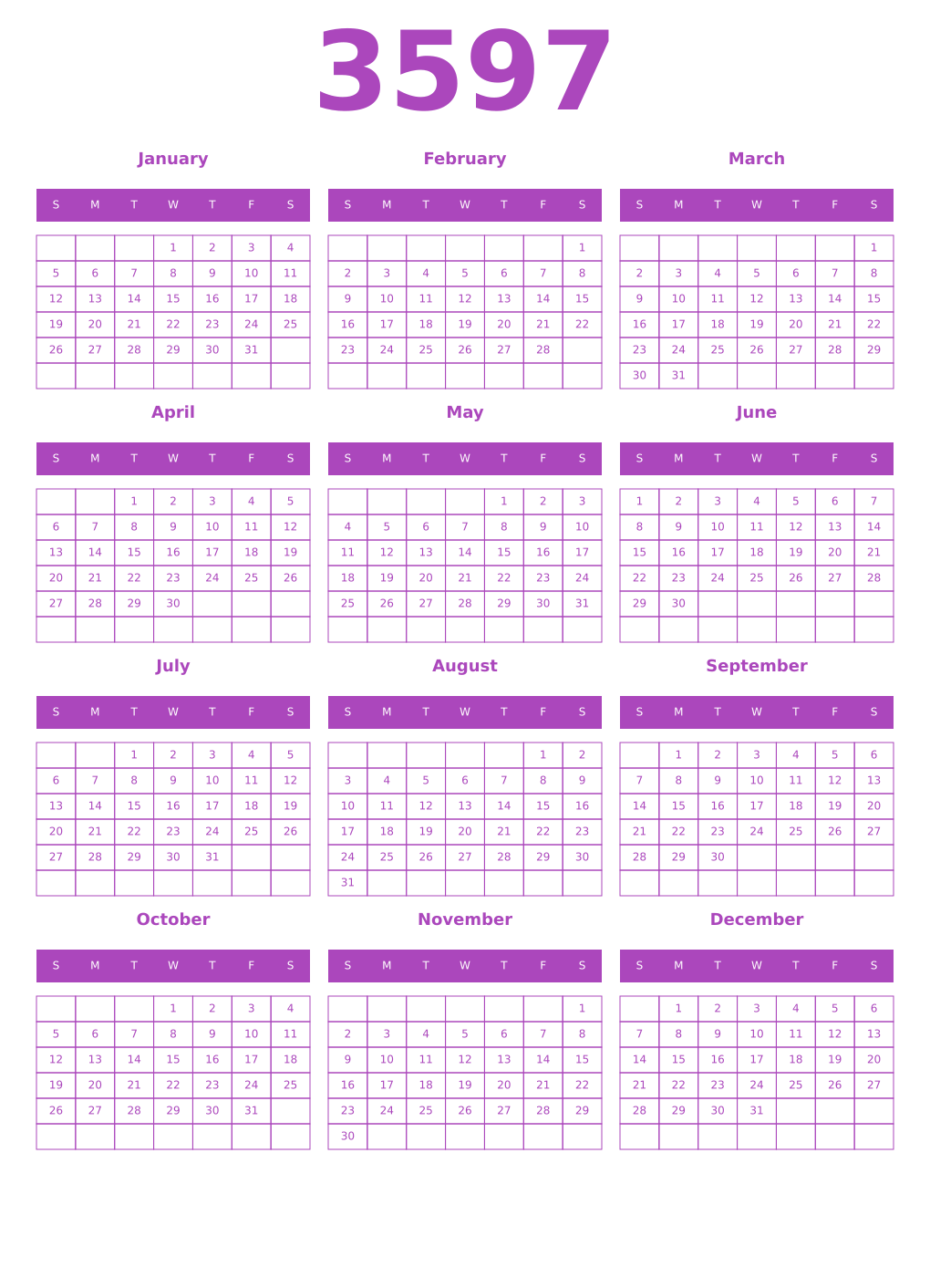 Printable 3597 Calendars