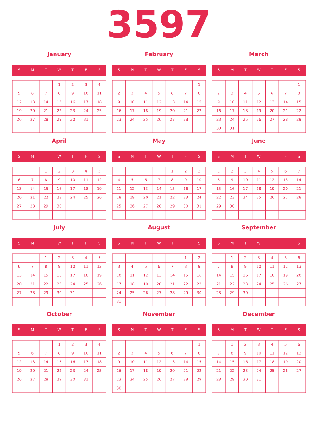 Printable 3597 Year Calendars amaranth