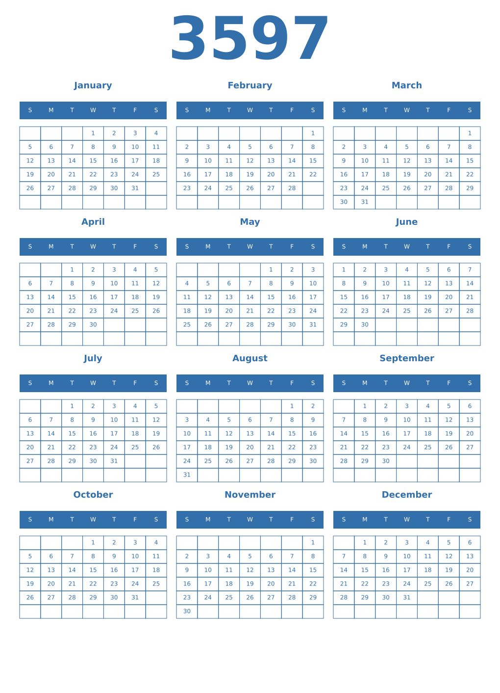 Printable 3597 Year Calendars blue