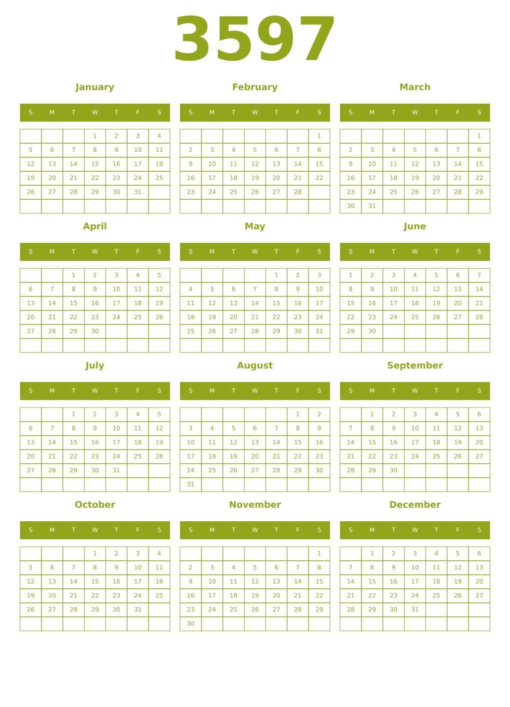 Printable 3597 Year Calendars chartreuse