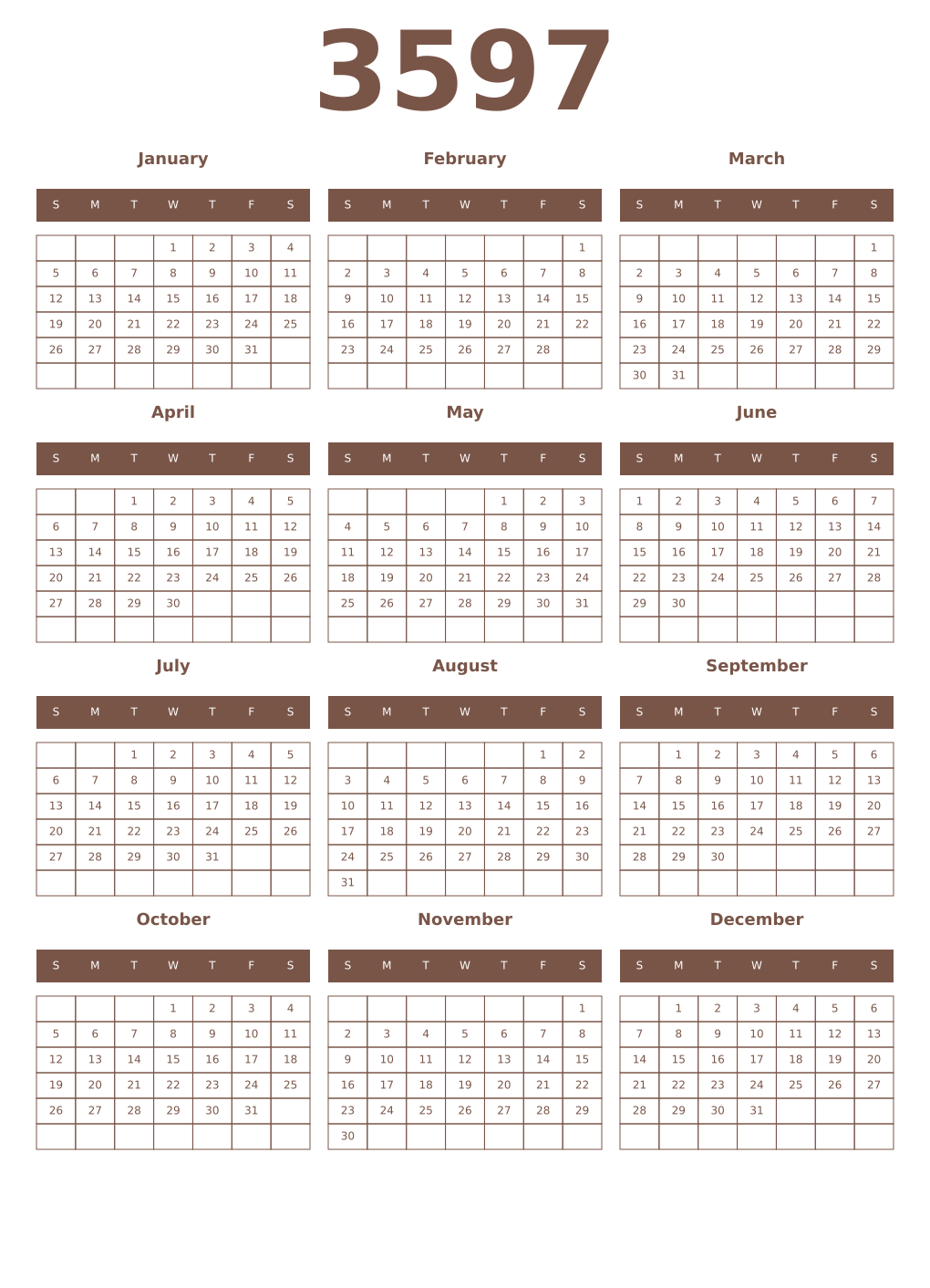Printable 3597 Year Calendars coffe