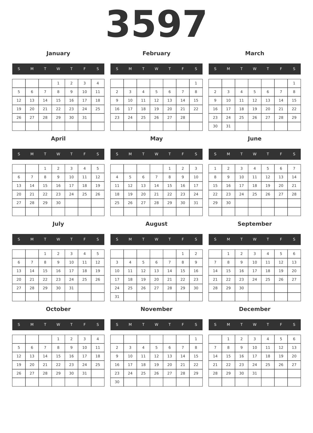 Printable 3597 Year Calendars dark