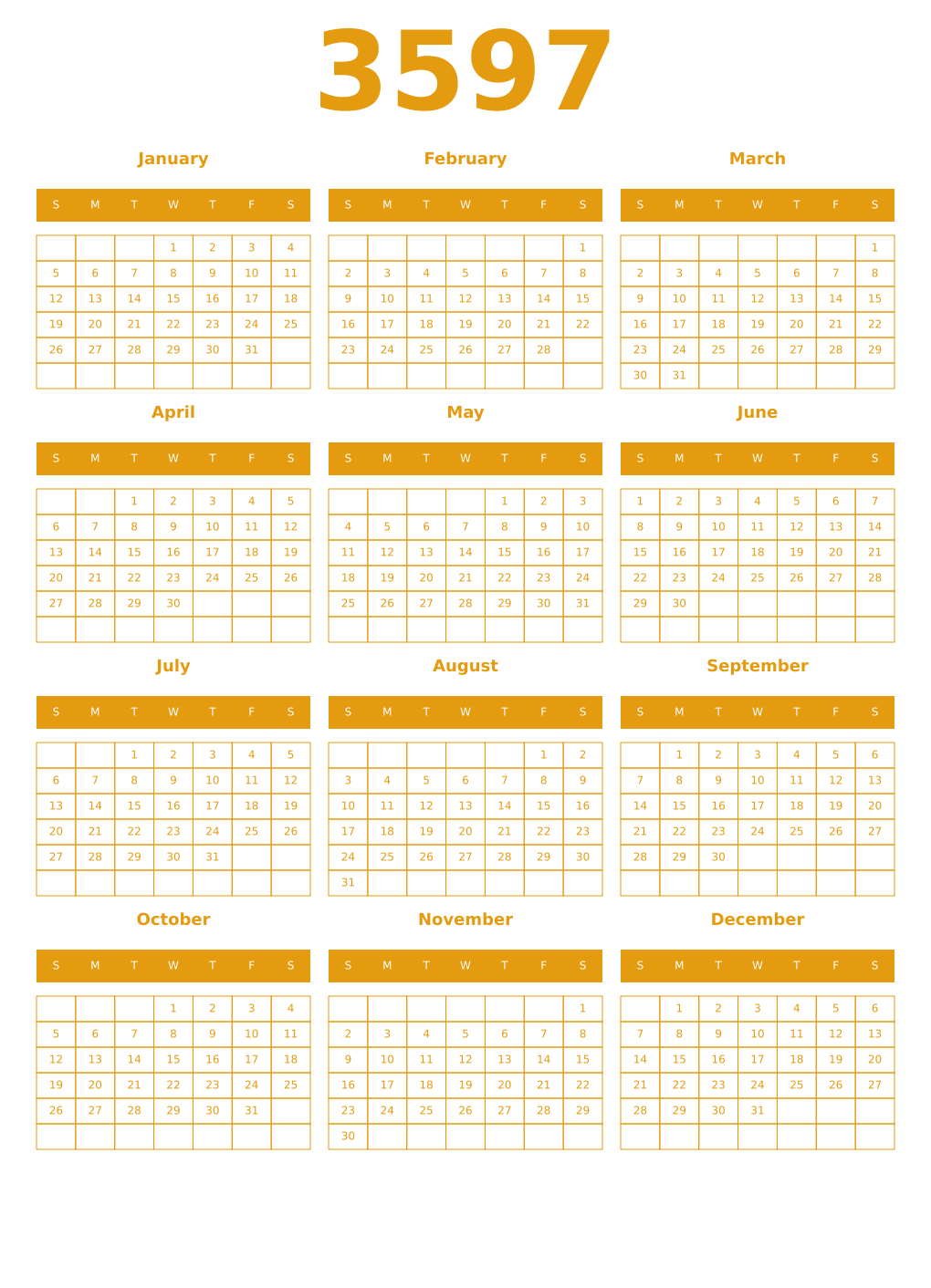 Printable 3597 Year Calendars gamboge