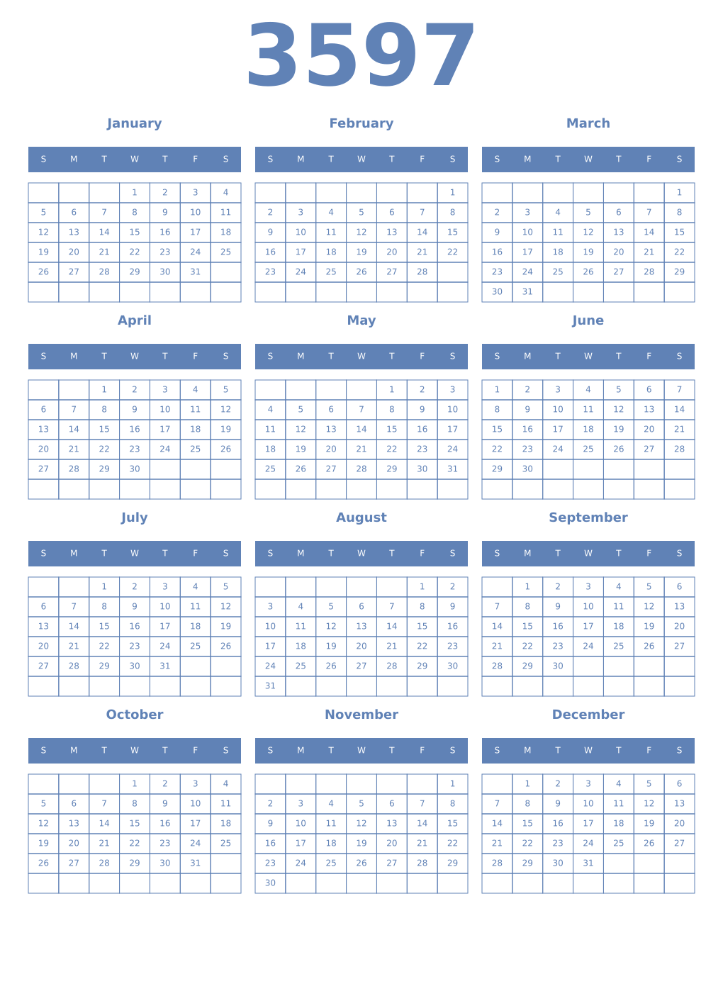 Printable 3597 Year Calendars glaucous