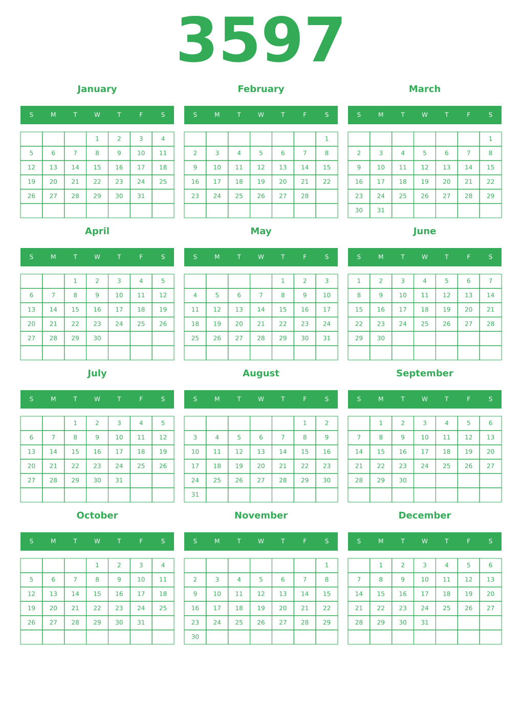Printable 3597 Year Calendars green
