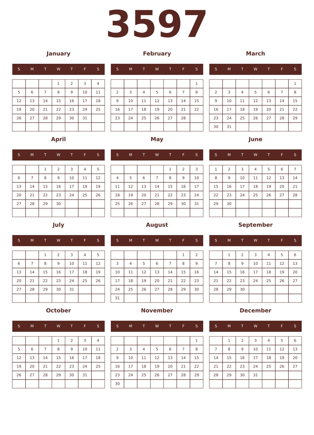 Printable 3597 Year Calendars mortuum