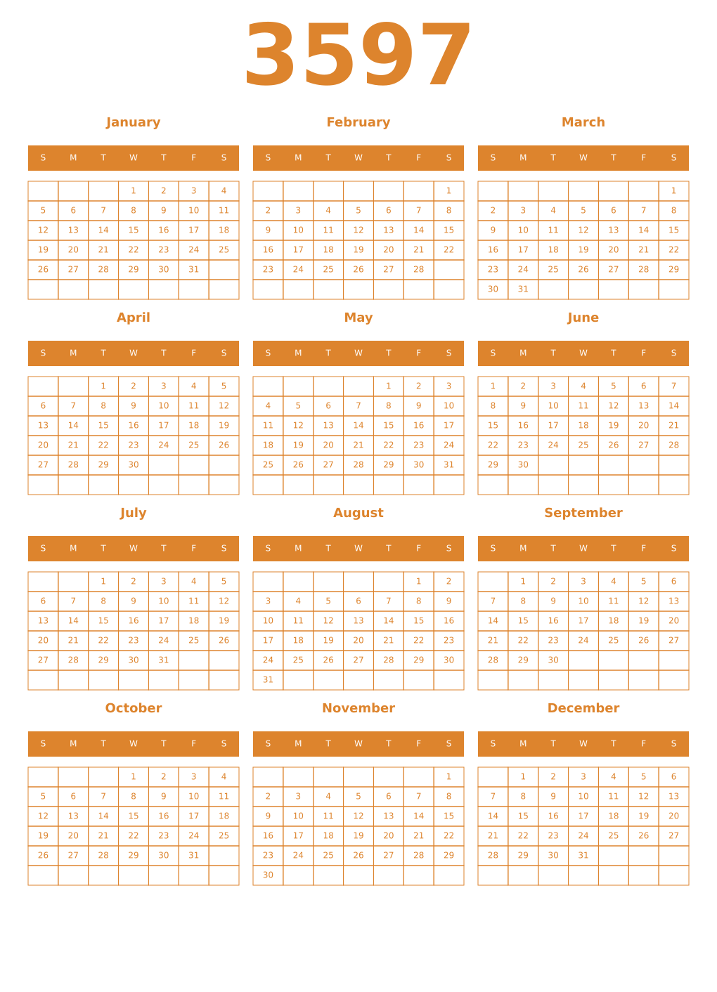 Printable 3597 Year Calendars orange
