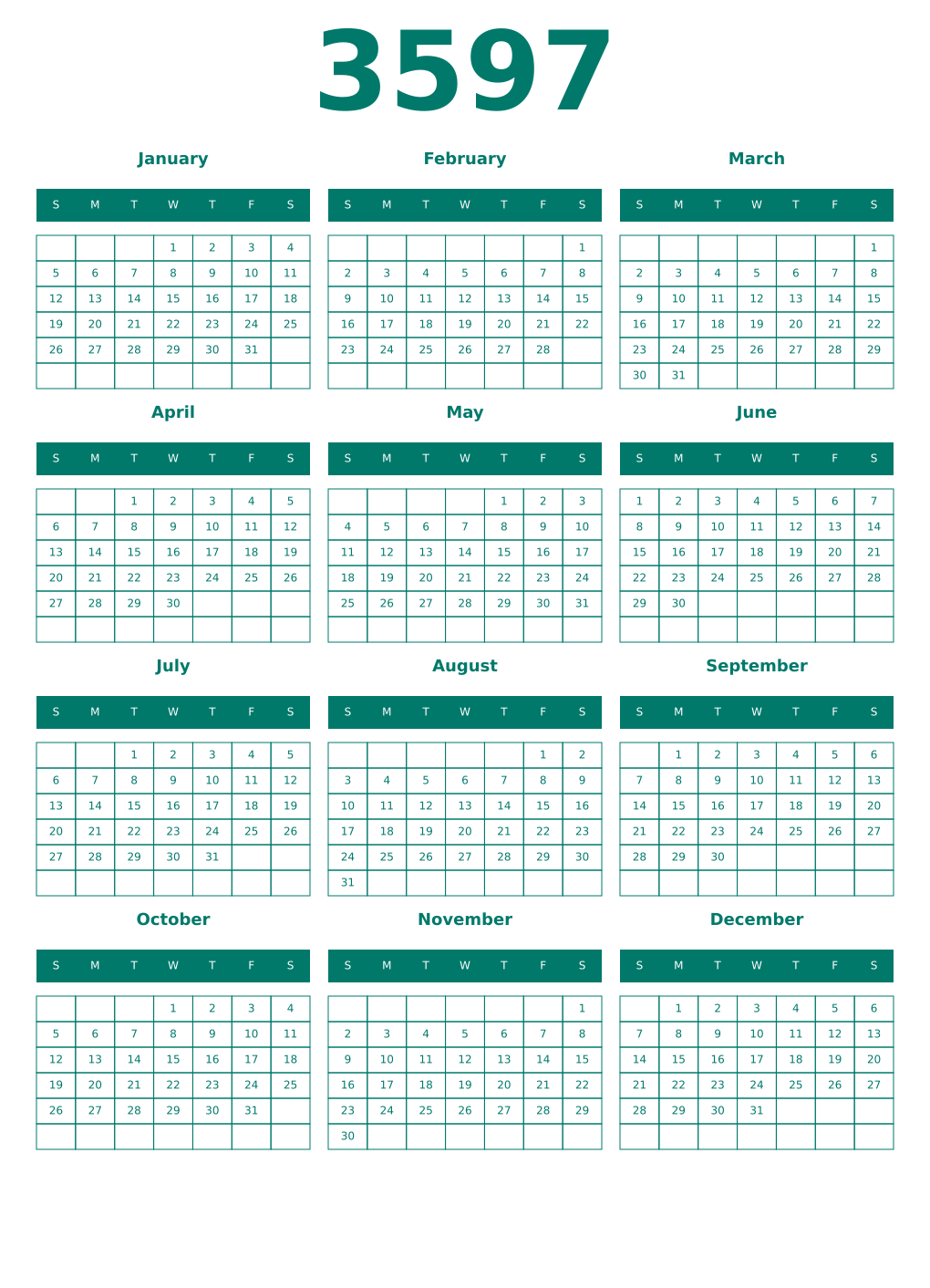 Printable 3597 Year Calendars pastel