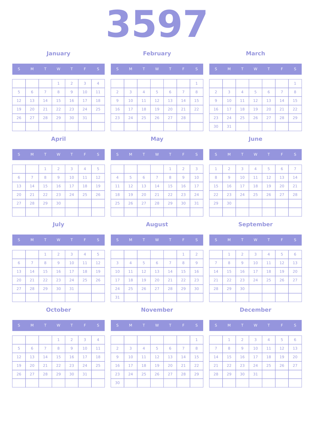 Printable 3597 Year Calendars periwinkle