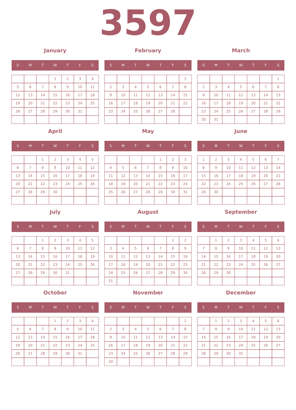 Printable 3597 Year Calendars puce