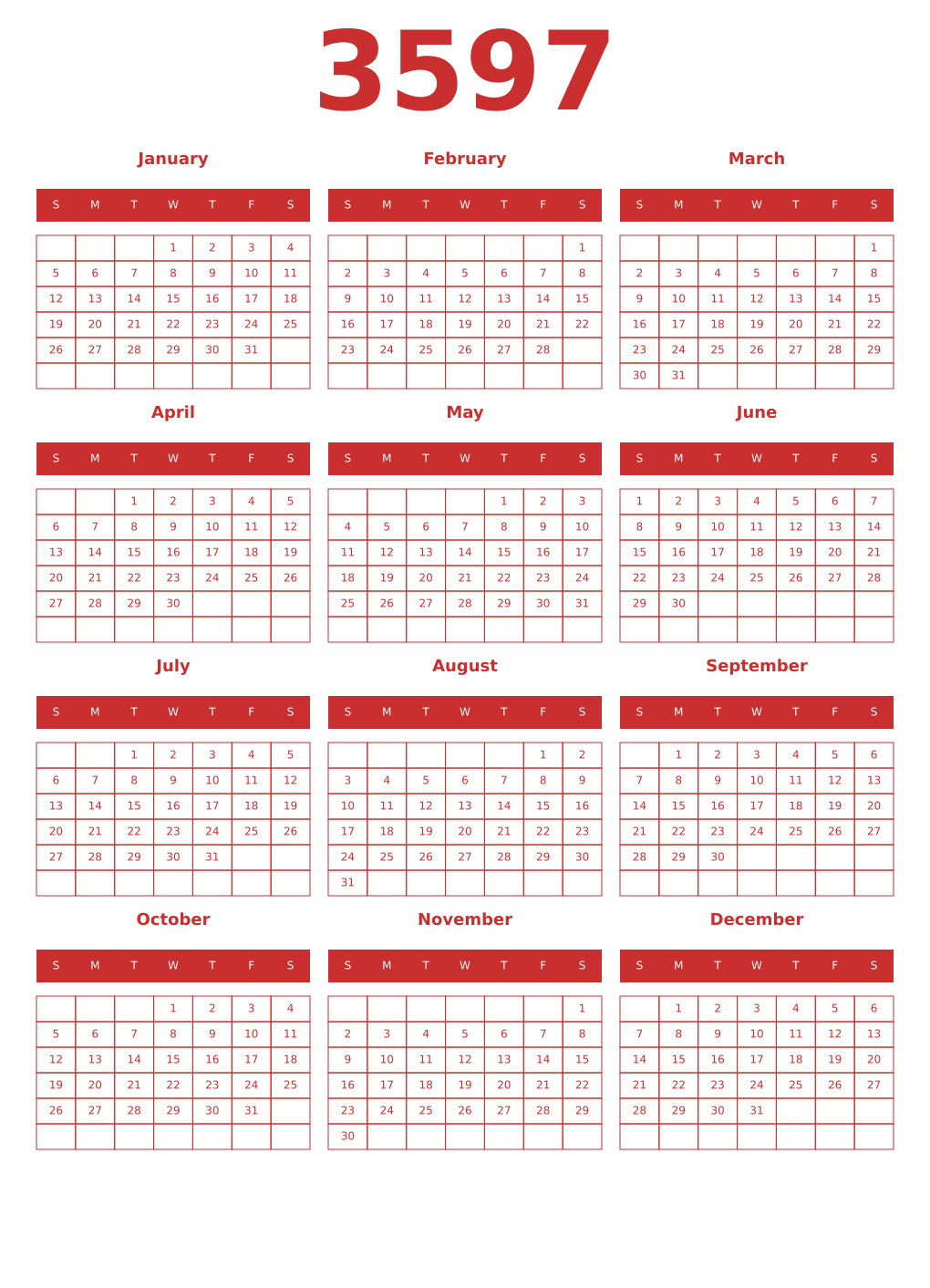 Printable 3597 Year Calendars red
