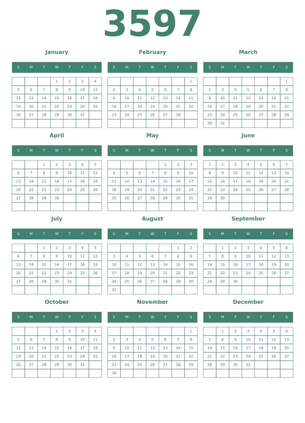 Printable 3597 Year Calendars viridian
