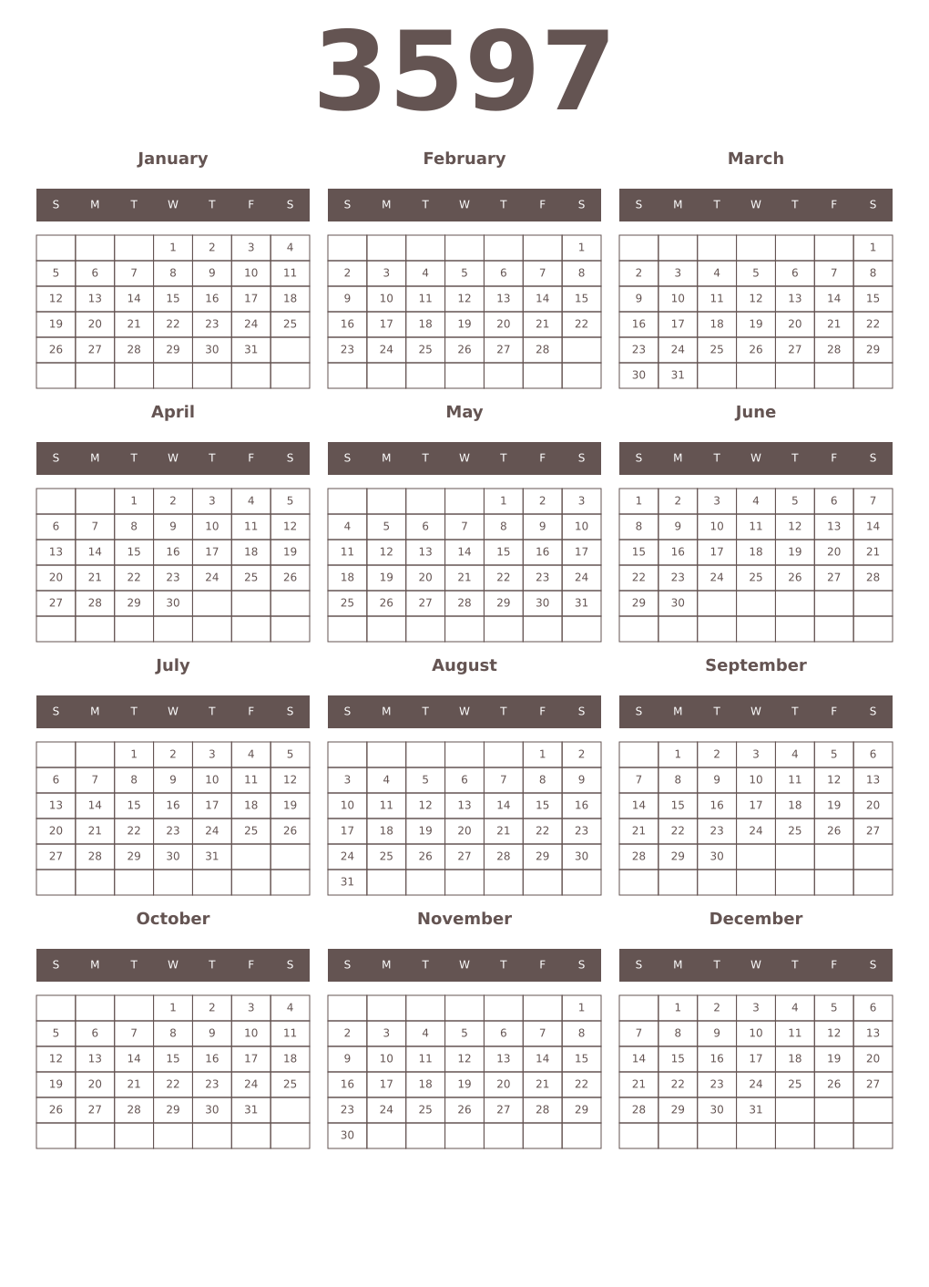 Printable 3597 Year Calendars wenge