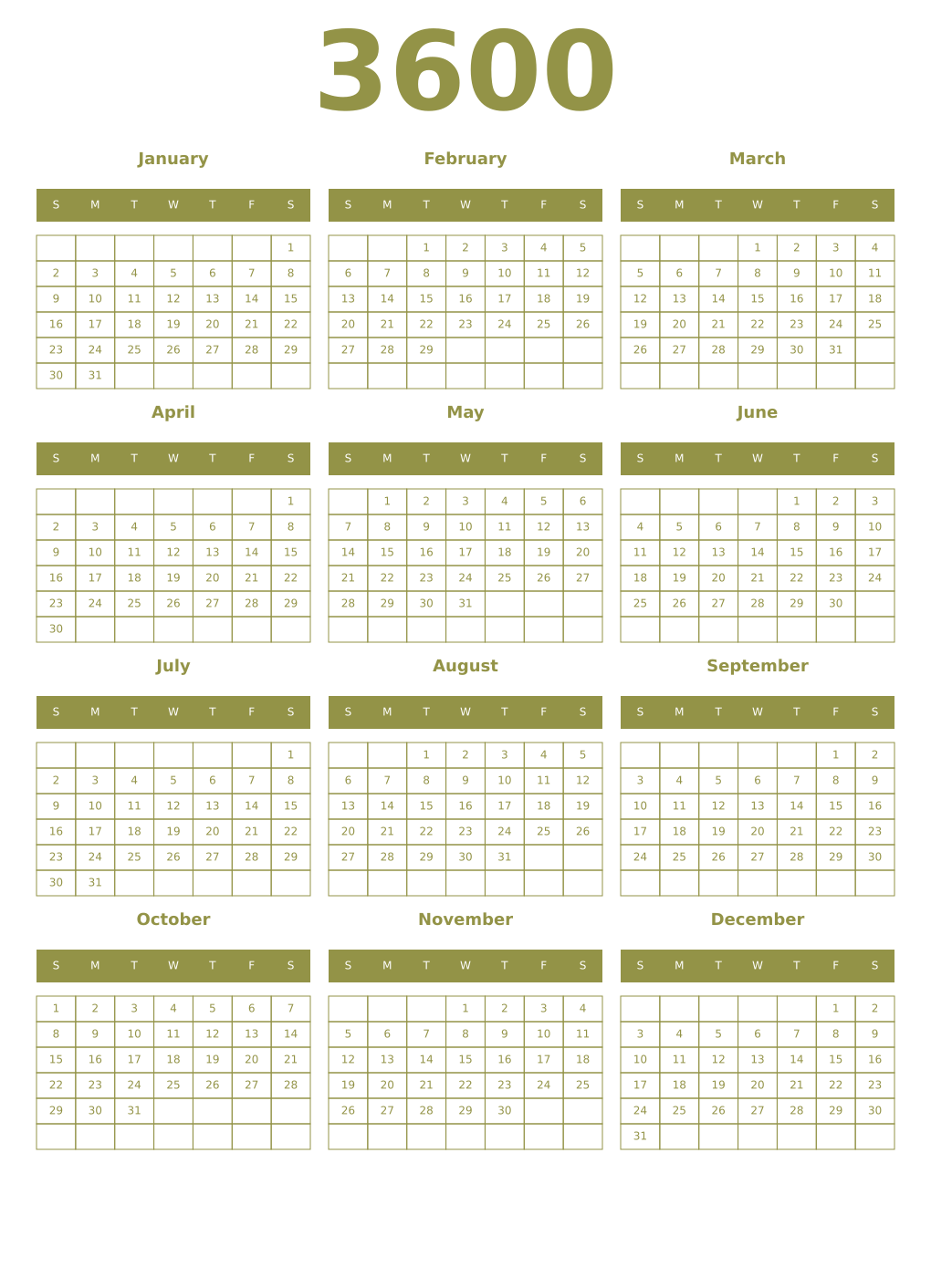 Printable 3600 Year Calendars eburnean