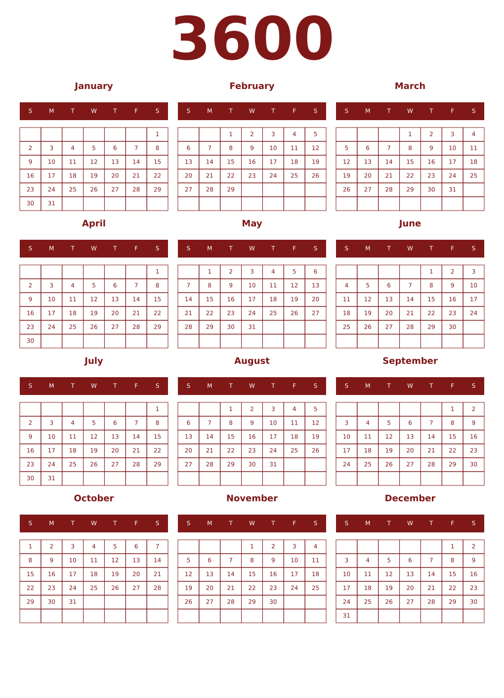Printable 3600 Year Calendars falu