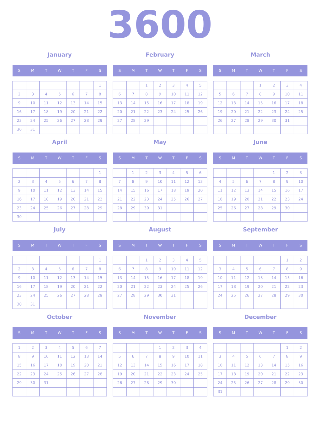 Printable 3600 Year Calendars periwinkle