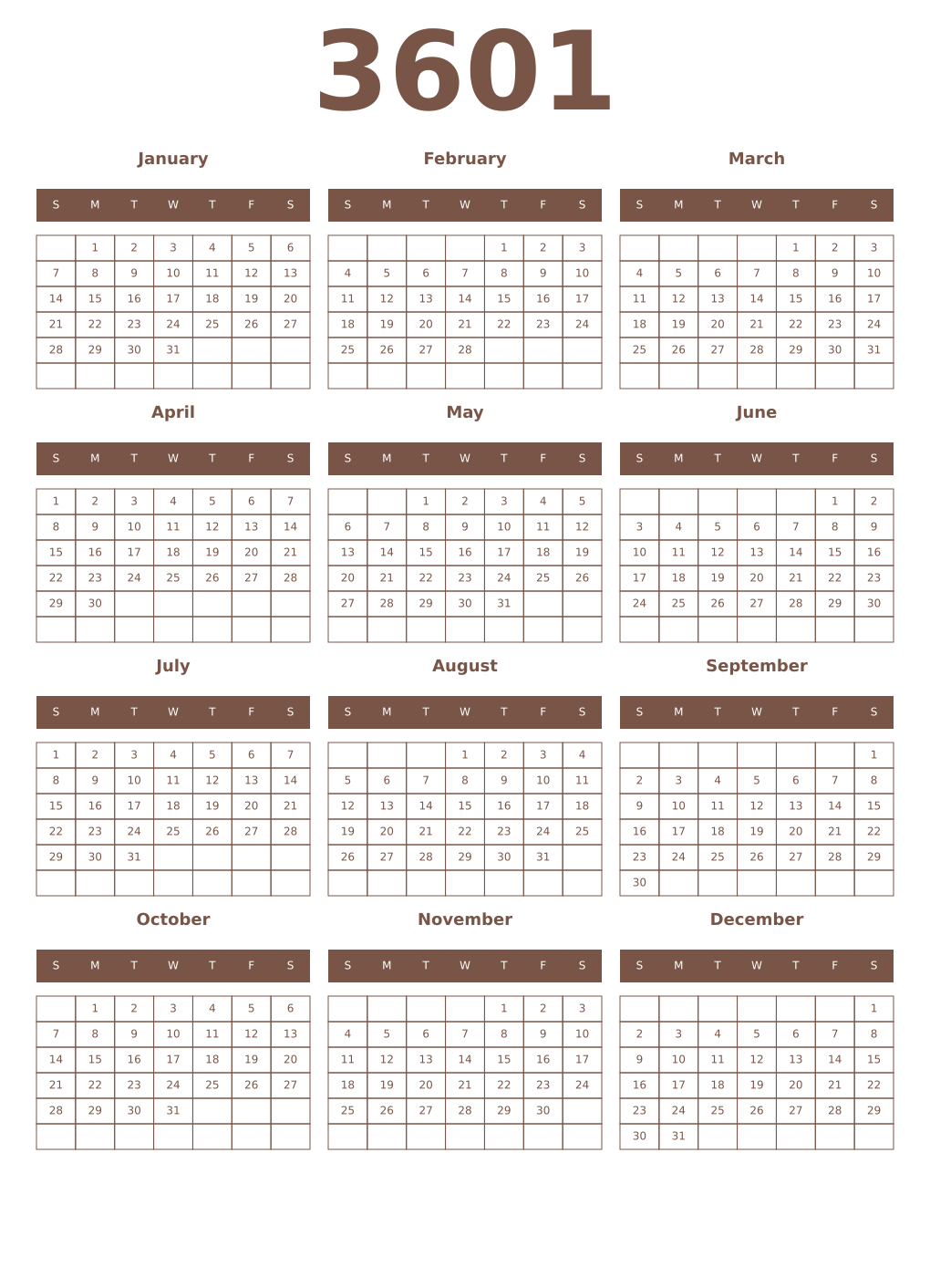 Printable 3601 Year Calendars coffe