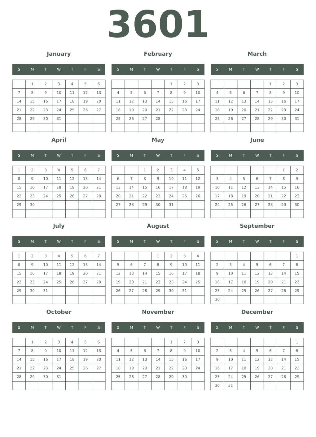 Printable 3601 Year Calendars feldgrau