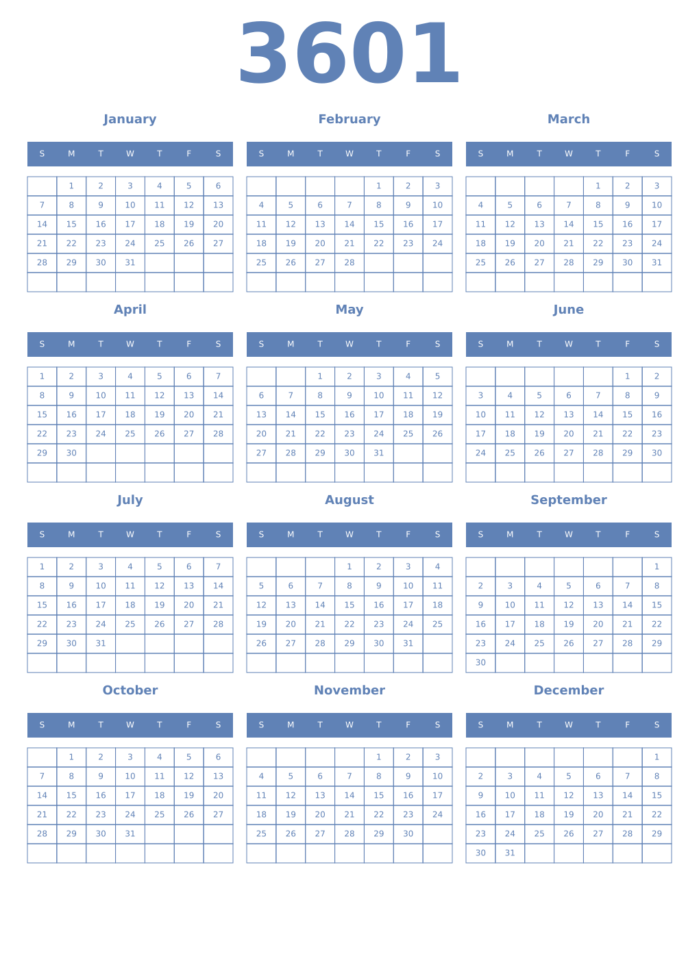 Printable 3601 Year Calendars glaucous