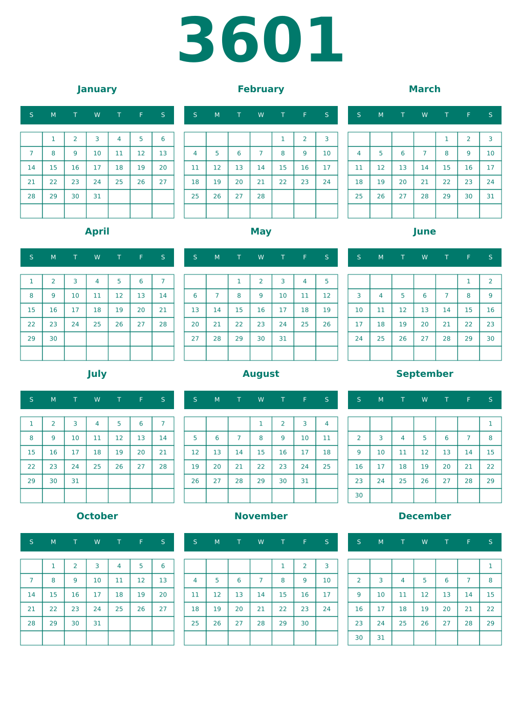 Printable 3601 Year Calendars pastel