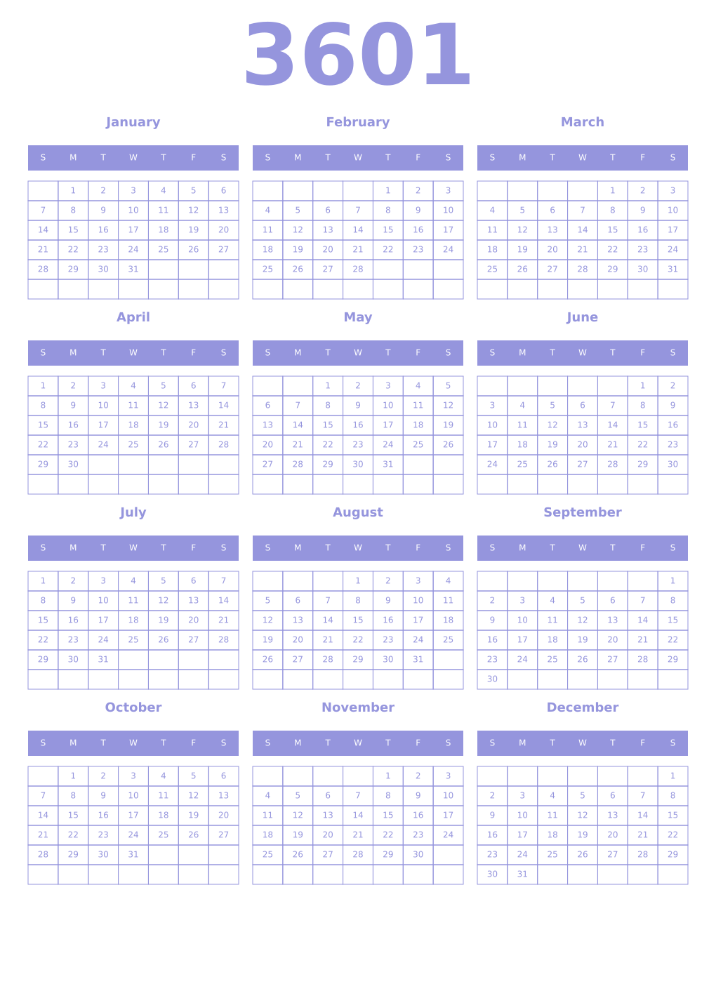 Printable 3601 Year Calendars periwinkle