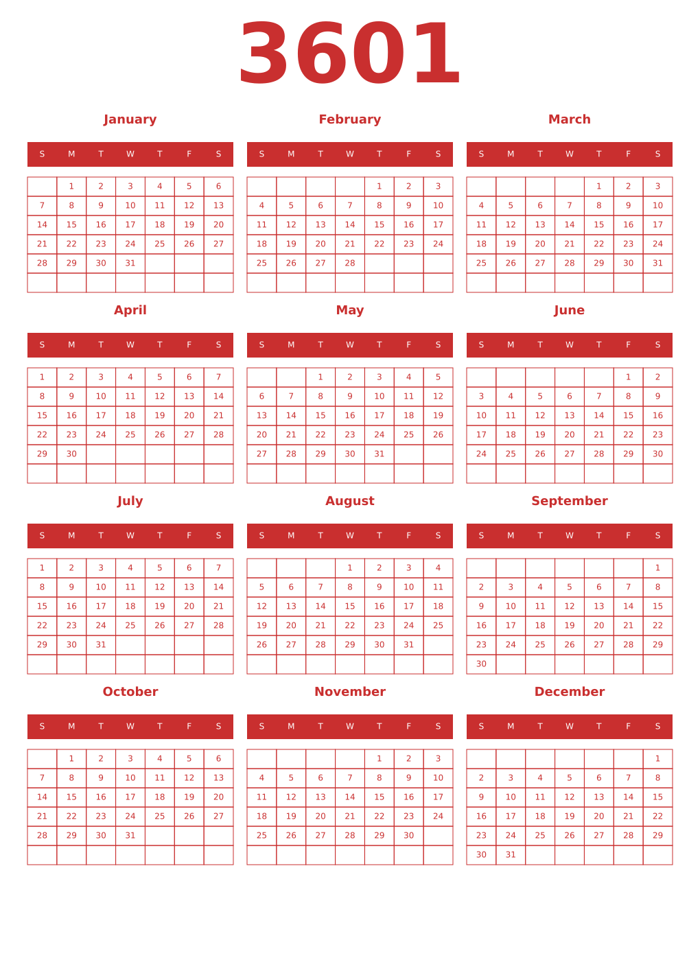 Printable 3601 Year Calendars red